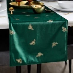 Bees Velvet Green Long Table Runner