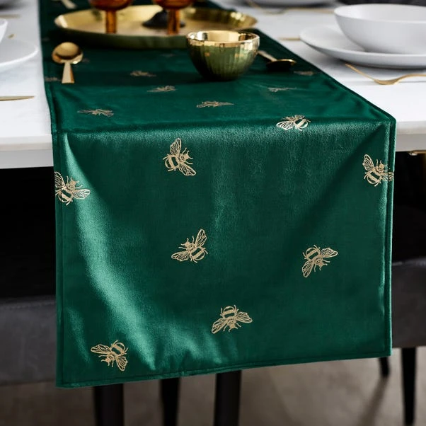 Bees Velvet Green Long Table Runner 1 Bees Velvet Green Long Table Runner
