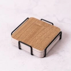 Set Of 4 Wooden Coasters With Metal Holder