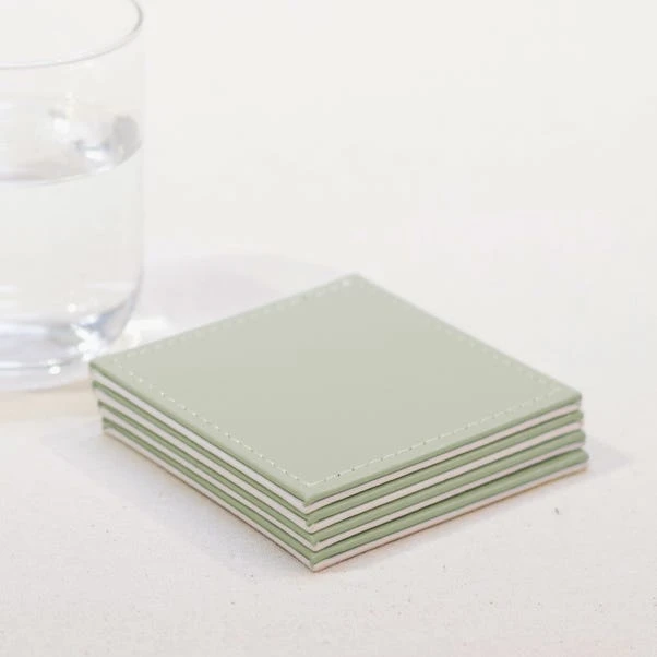 Pack Of 4 Reversible Sage Faux Leather Coasters 1 Pack Of 4 Reversible Sage Faux Leather Coasters