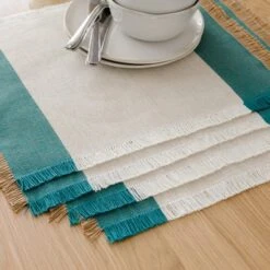 Set Of 2 Rib Stripe Green Border Cotton Placemats 6 Set Of 2 Rib Stripe Green Border Cotton Placemats -Online Tableware Store 30928599 alt02