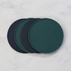 Set Of 4 Peacock & Navy Faux Leather Reversible Round Coasters