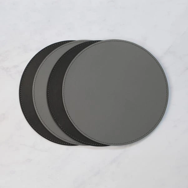 Set Of 4 Black & Grey Faux Leather Reversible Round Placemats 1 Set Of 4 Black & Grey Faux Leather Reversible Round Placemats