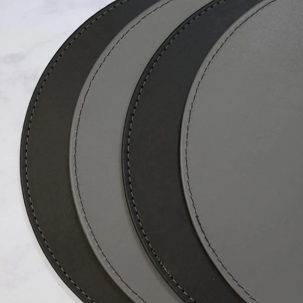 Set Of 4 Black & Grey Faux Leather Reversible Round Placemats 2 Set Of 4 Black & Grey Faux Leather Reversible Round Placemats - Image 2