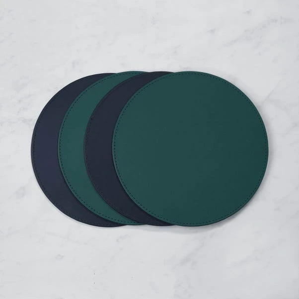 Set Of 4 Peacock & Navy Faux Leather Reversible Round Placemats 1 Set Of 4 Peacock & Navy Faux Leather Reversible Round Placemats