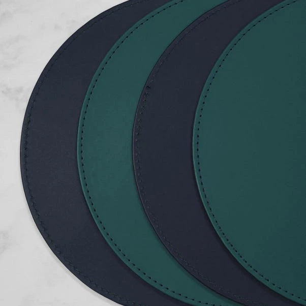 Set Of 4 Peacock & Navy Faux Leather Reversible Round Placemats 2 Set Of 4 Peacock & Navy Faux Leather Reversible Round Placemats - Image 2
