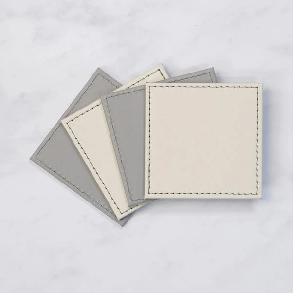 Set Of 4 Reversible Cream & Grey Faux Leather Coasters 1 Set Of 4 Reversible Cream & Grey Faux Leather Coasters