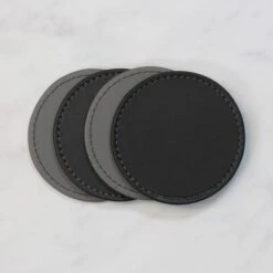 Set Of 4 Black & Grey Faux Leather Reversible Round Coasters